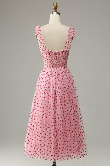 Pink Tulle A-line Midi Prom kjole med hjerter